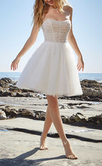 H1018 - Simple Sweet Strapless Sheer Pearl Short Wedding Dress