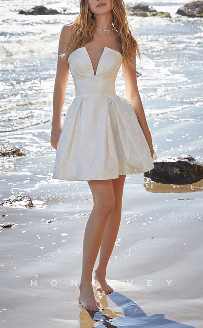 H1019 - Sweet V-Neck Strapless Empire With Sash Gown Short Wedding Dress