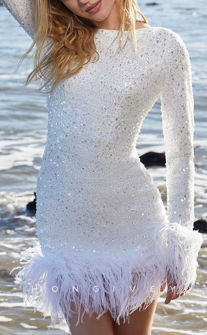 H1020 - Classic Fitted Fully Sequined Long Sleeves Feathered Short Wedding Dress