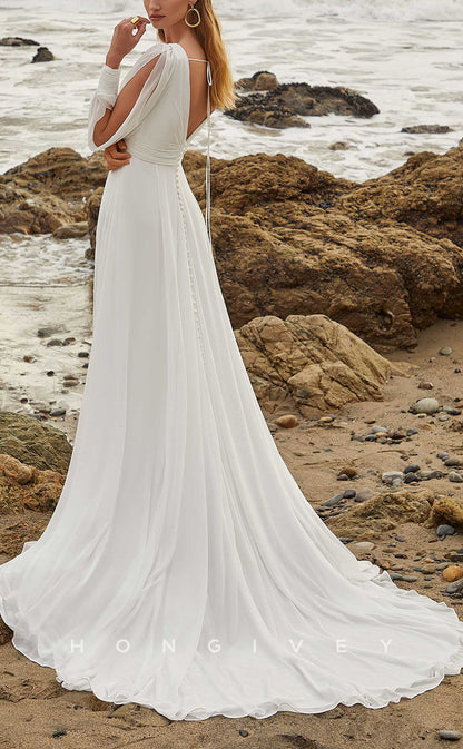H1024 - Elegant & Luxurious V-Neck Detachable Long Sleeve With Sweep Train Beach Wedding Dress