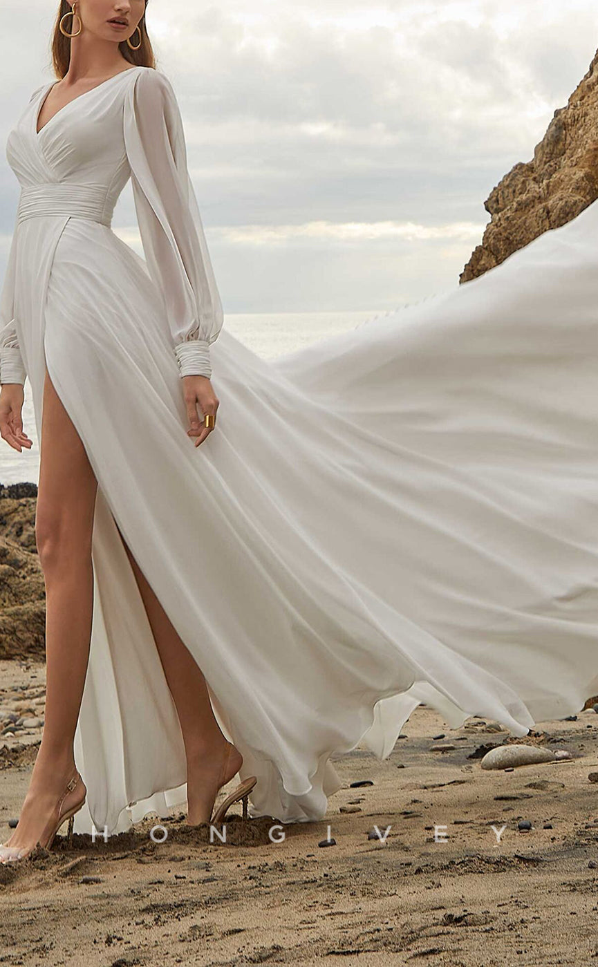 H1024 - Elegant & Luxurious V-Neck Detachable Long Sleeve With Sweep Train Beach Wedding Dress