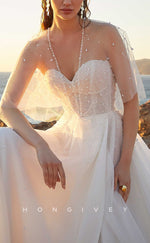 H1025 - Sleeveless Sweetheart Illusion Beaded With Bolero Long Beach Wedding Dress