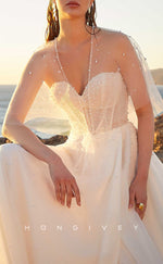 H1025 - Sleeveless Sweetheart Illusion Beaded With Bolero Long Beach Wedding Dress