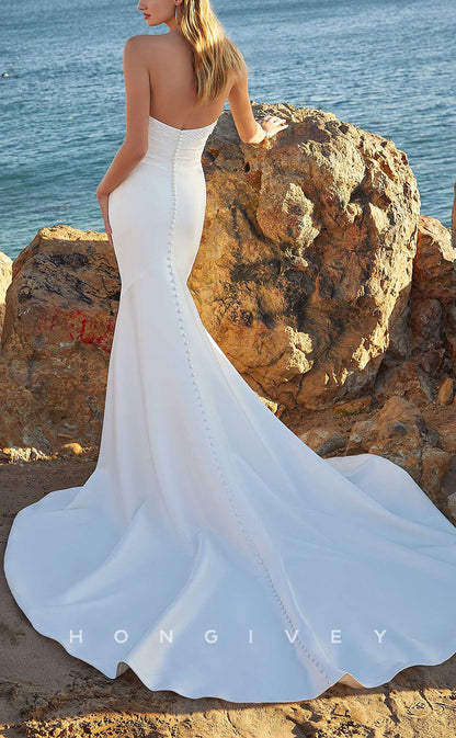 H1028 - Simple & Casual Strapless Sleeveless With Train Beach Wedding Dress