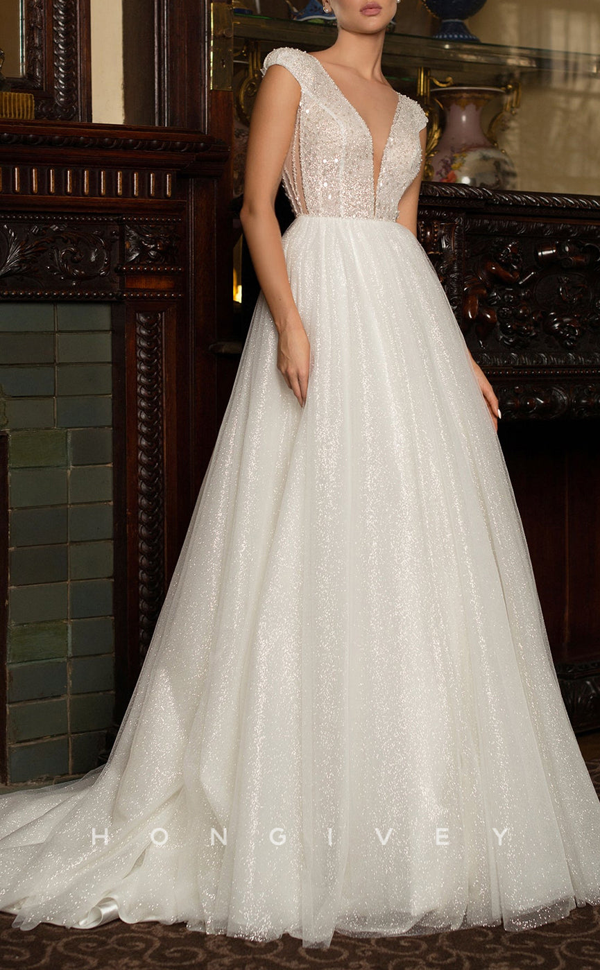 H1029 - Ornate Glitter Plunging Neck Cap Sleeves Beaded Long Wedding Dress