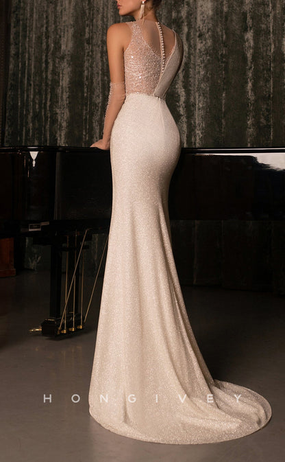 H1030 - Elegant & Luxurious Glitter Splice Scoop Lace Sleeves Wedding Dress