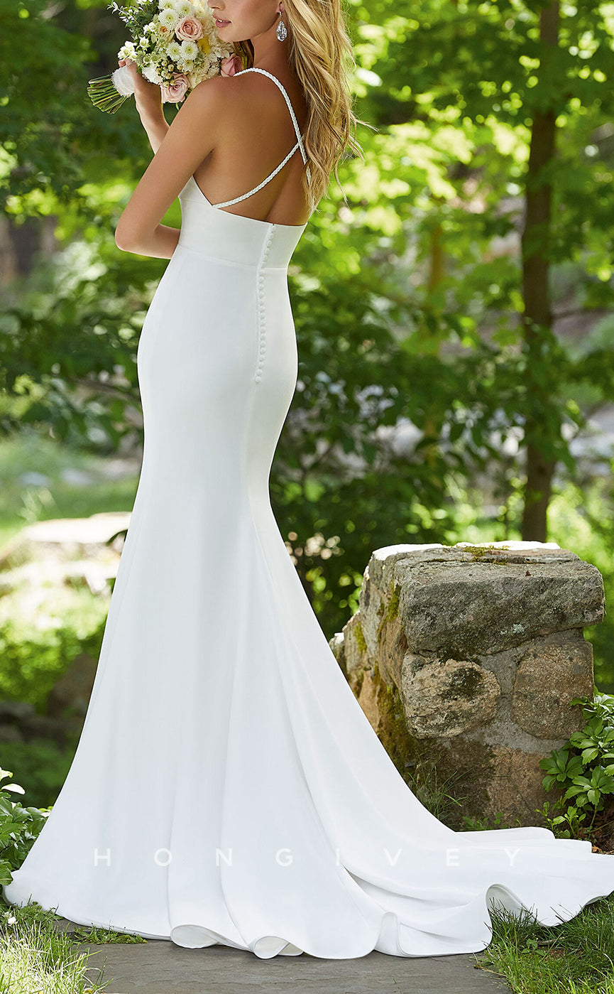 H1033 - Sexy V-Neck Spaghetti Straps With Side Slit and Sweep Train Beach Wedding Dress