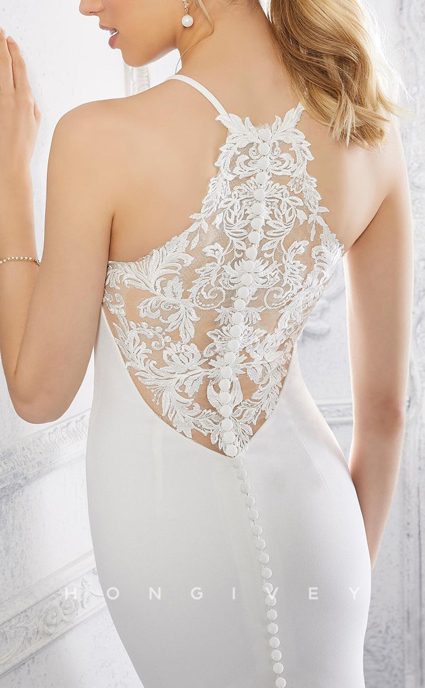 H1036 - Classic Satin V-Neck Lace Appliques Back With Sweep Train Beach Wedding Dress