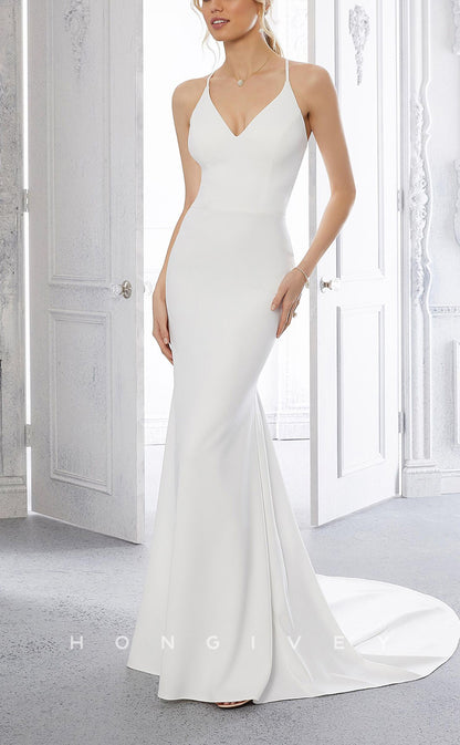 H1036 - Classic Satin V-Neck Lace Appliques Back With Sweep Train Beach Wedding Dress