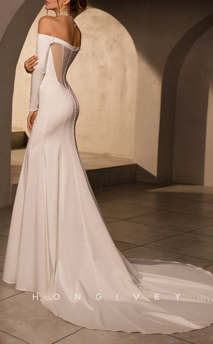 H1039 - Ornate Satin Strapless Long Sleeves Sheer Back Beach Wedding Dress