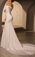 H1039 - Ornate Satin Strapless Long Sleeves Sheer Back Beach Wedding Dress