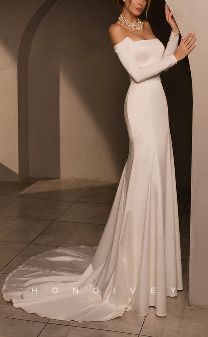 H1039 - Ornate Satin Strapless Long Sleeves Sheer Back Beach Wedding Dress