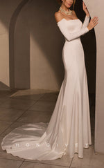 H1039 - Ornate Satin Strapless Long Sleeves Sheer Back Beach Wedding Dress