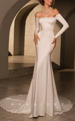 H1039 - Ornate Satin Strapless Long Sleeves Sheer Back Beach Wedding Dress