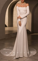 H1039 - Ornate Satin Strapless Long Sleeves Sheer Back Beach Wedding Dress