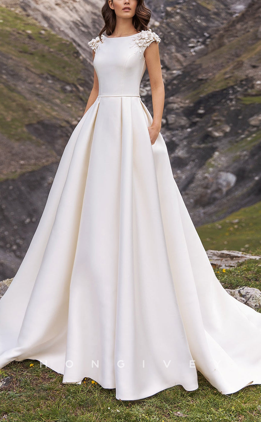 H1042 - Glamorous & Dramatic Satin Bateau With Pockets Floral Embossed Wedding Dress