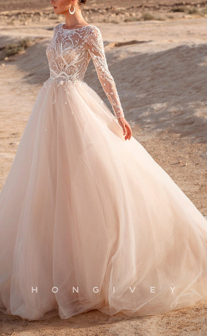 H1043 - Sexy Lace Illusion Bateau Appliques Beaded Long Sleeves Boho/Beach Wedding Dress