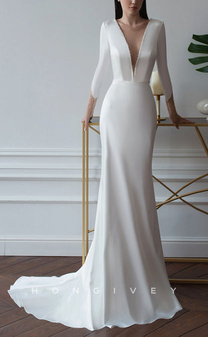 H1046 - Chic & Modern Satin Plunging Neck Long Sleeves Illusion With Sweep Train Wedding Dress