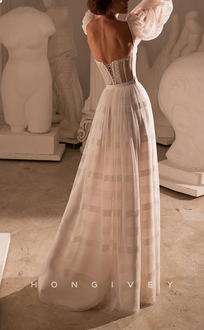 H1049 - Classic Illusion Sweetheart Detachable Long Sleeves Belt Backless Boho/Beach Wedding Dress