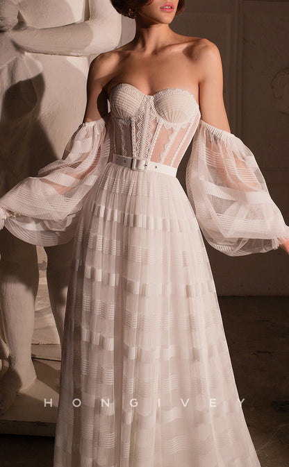 H1049 - Classic Illusion Sweetheart Detachable Long Sleeves Belt Backless Boho/Beach Wedding Dress