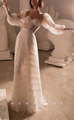 H1049 - Classic Illusion Sweetheart Detachable Long Sleeves Belt Backless Boho/Beach Wedding Dress