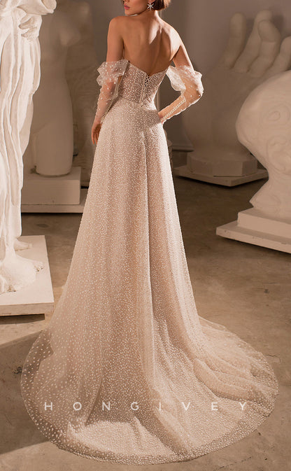 H1050 - Elegant & Luxurious Glitter Strapless V-Neck Pearl With Sweep Train Beach Wedding Dress