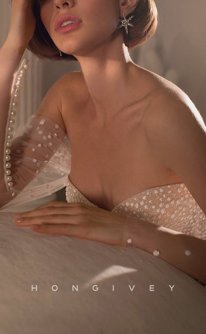 H1050 - Elegant & Luxurious Glitter Strapless V-Neck Pearl With Sweep Train Beach Wedding Dress