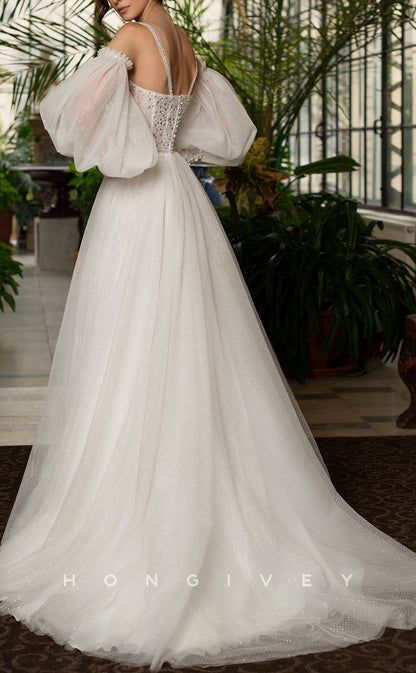 H1054 - Ornate Illusion Sequined Sweetheart Spaghetti Straps Long Sleeves With Side Slit Wedding Dress