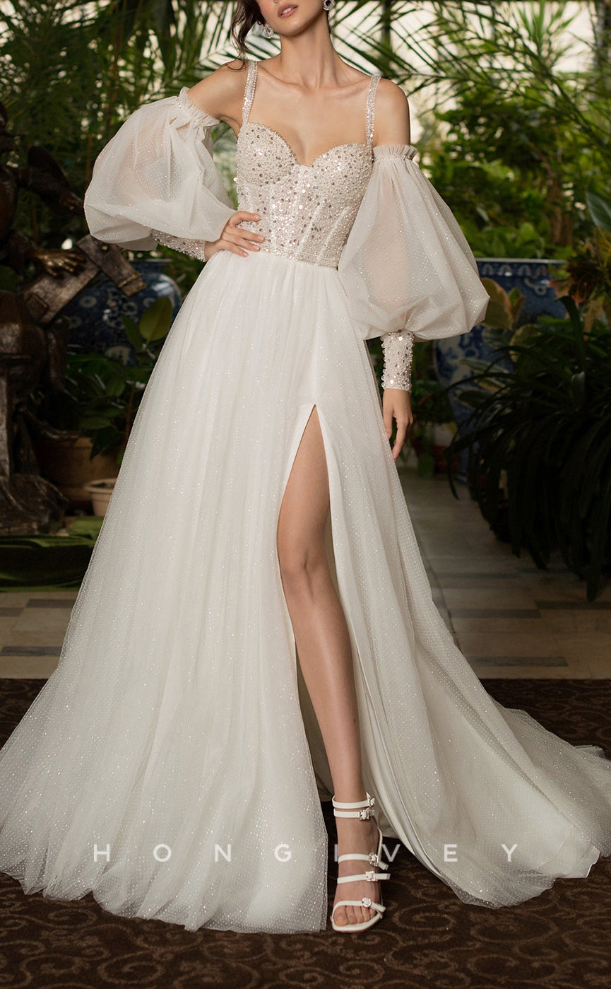 H1054 - Ornate Illusion Sequined Sweetheart Spaghetti Straps Long Sleeves With Side Slit Wedding Dress