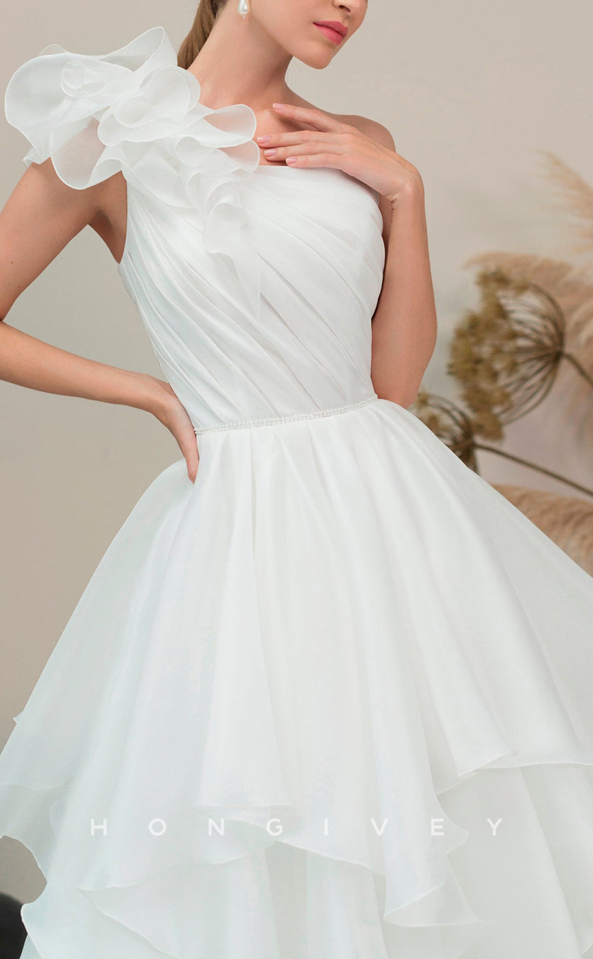 H1055 - Classic Satin One Shoulder Floral Embellished Ruched Tiered Long Wedding Dress