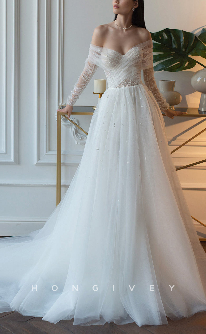 H1056 - Glamorous & Dramatic Pearl Appliques Strapless Sweetheart Long Sleeves Wedding Dress