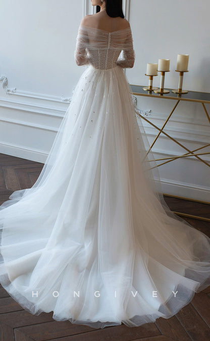 H1056 - Glamorous & Dramatic Pearl Appliques Strapless Sweetheart Long Sleeves Wedding Dress