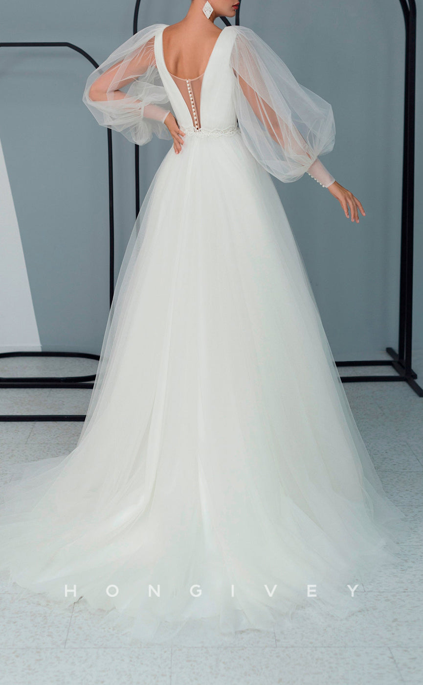 H1058 - Ornate Tulle V-Neck Backless Long Sleeves Tiered Long Wedding Dress
