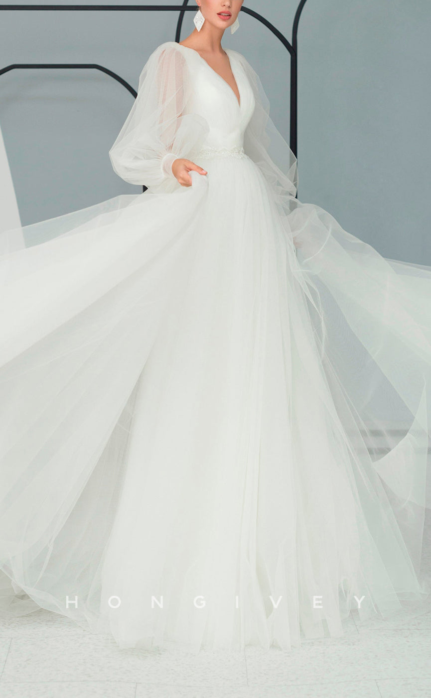 H1058 - Ornate Tulle V-Neck Backless Long Sleeves Tiered Long Wedding Dress