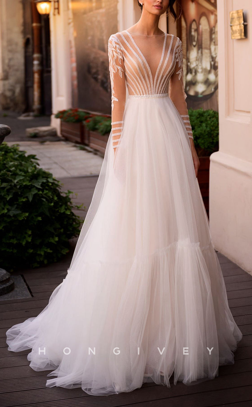 H1059 - Sexy Illusion Empire V-Neck Long Sleeves Appliques Wedding Dress