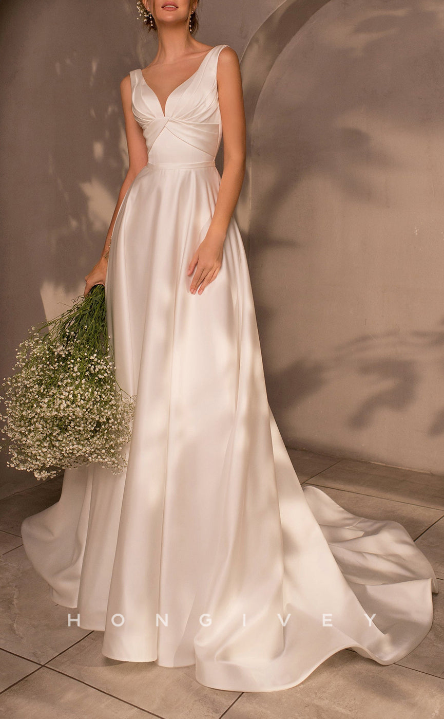 H1061 - Classic Satin Empire V-neck Ruched With Train Beach Wedding Dress