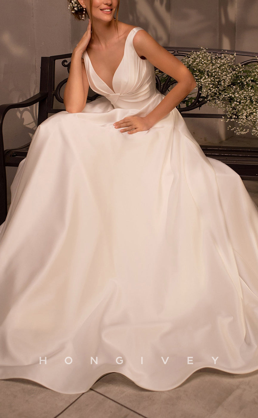 H1061 - Classic Satin Empire V-neck Ruched With Train Beach Wedding Dress