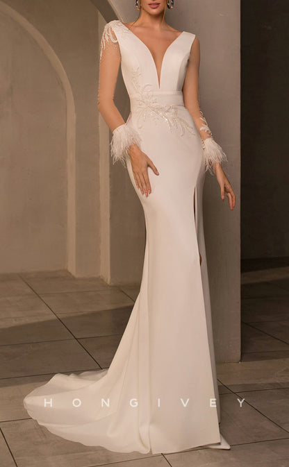 H1062 - Elegant & Luxurious V-Neck Backness Lace Long Sleeves With Feathers Wedding Dress
