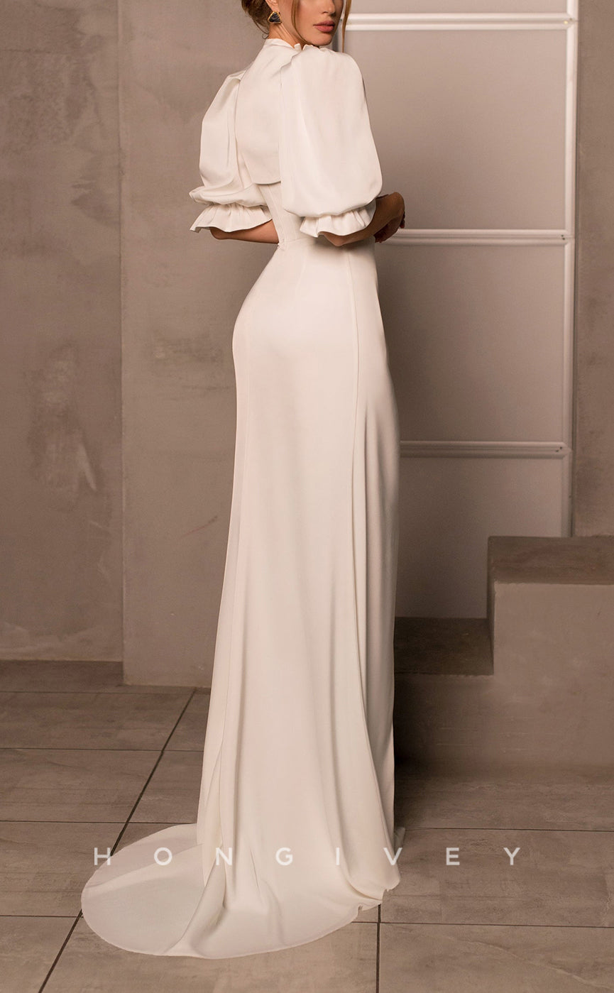 H1065 - Simple Satin Detachable Long Sleeve Strapless Pleats Beach Wedding Dress