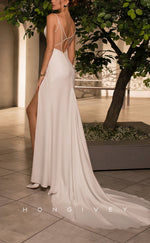 H1066 - Sexy Ruched V-Neck Spaghetti Straps Lace-Up With Train Wedding Dress