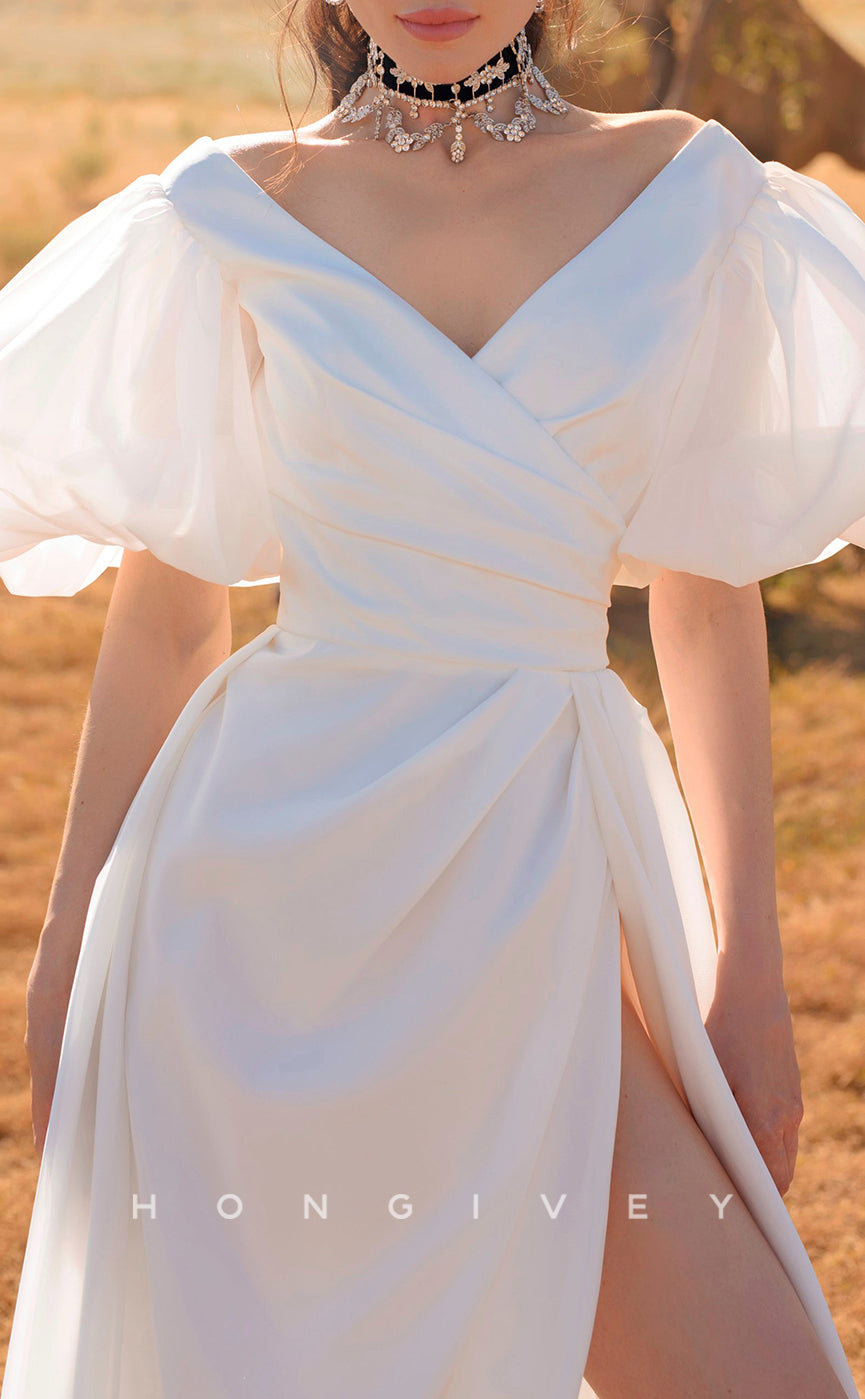 H1067 - Chic & Modern V-Neck Puff Sleeves Gown With Side Slit Beach/Boho Wedding Dress