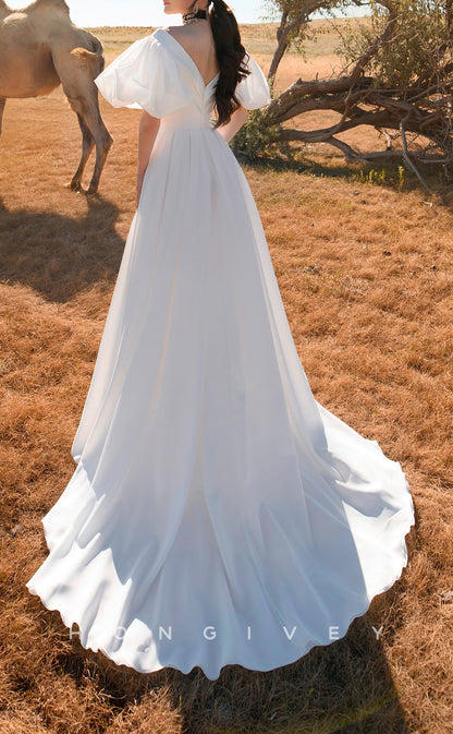 H1067 - Chic & Modern V-Neck Puff Sleeves Gown With Side Slit Beach/Boho Wedding Dress