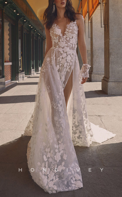 H1069 - Sexy V-Neck Backless Illusion Floral Embellished Lace Long Sleeves Beach/Boho Wedding Dress