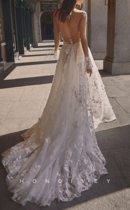 H1069 - Sexy V-Neck Backless Illusion Floral Embellished Lace Long Sleeves Beach/Boho Wedding Dress
