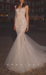 H1070 - Elegant & Luxurious Illusion V-Neck Detachable Sleeves Floral Embellished Trumpet Wedding Dress