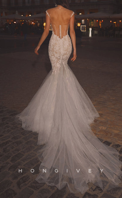 H1070 - Elegant & Luxurious Illusion V-Neck Detachable Sleeves Floral Embellished Trumpet Wedding Dress