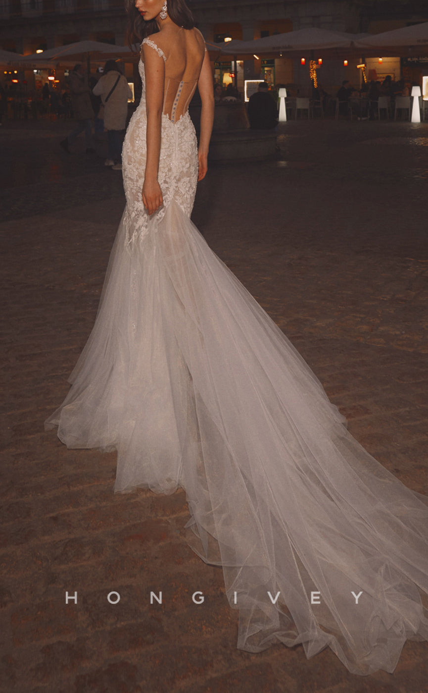 H1070 - Elegant & Luxurious Illusion V-Neck Detachable Sleeves Floral Embellished Trumpet Wedding Dress