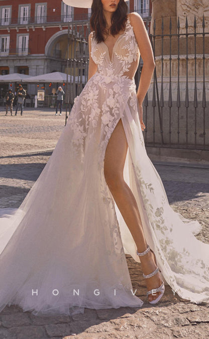 H1072 - Sexy Illusion V-Neck Spaghetti Straps Floral Appliqued With Side Slit Boho/Beach Wedding Dress