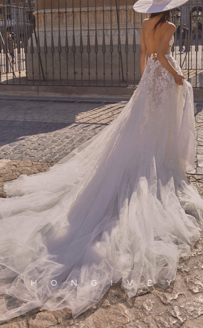 H1072 - Sexy Illusion V-Neck Spaghetti Straps Floral Appliqued With Side Slit Boho/Beach Wedding Dress