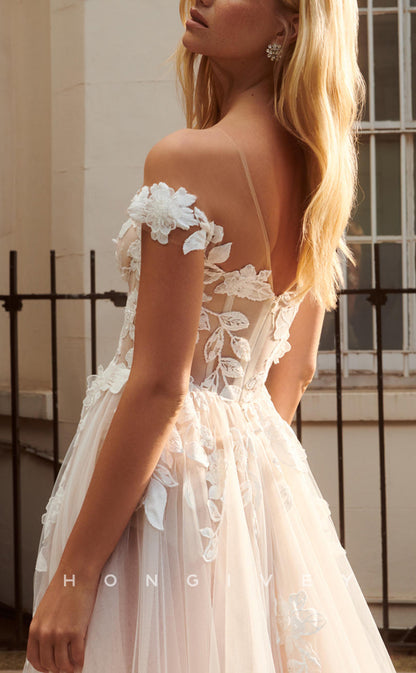 H1075 - Sexy Illusion Floral Appliqued Off-Shoulder With Train Boho Wedding Dress